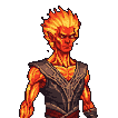 A humanoid fire elemental with glowing orange and yellow skin, a fiery corona for hair, and dark, textured armor, poised for attack.