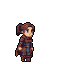 Pixel art female adventurer in brown tunic and blue cloak, walking.