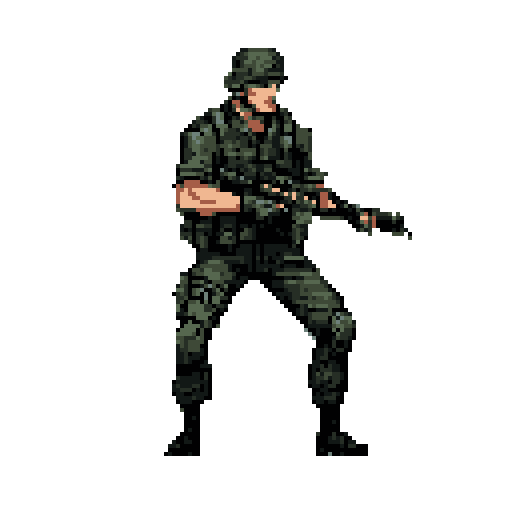 A pixel art soldier, clad in camouflage and armed with a rifle, is poised for action in a crouched, combat-ready stance. The image captures a moment of tense anticipation, focusing on the soldier's gear and focused posture.