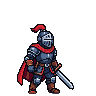 Stoic knight in gleaming plate armor and crimson cape, sword held at his side.