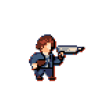 A pixelated figure, rendered in muted grays, browns, blues, and peach, stands in a ready stance, holding a futuristic gun in their right hand and a dark object in their left. A red/pink outline gives the character a glowing effect.