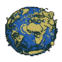 Stylized pixelated Earth seen from space, centered against a muted gold background. The planet shows blue oceans and khaki landmasses with dark outlines.