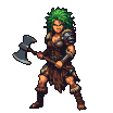 Fierce warrior with vibrant green hair in leather and metal armor, gripping an axe in a dynamic fighting stance.