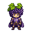 Whimsical character with a head made of grapes, wearing purple clothing and brown boots, standing against a dark purple background.