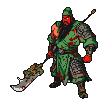 Pixel Art: 生成Attack动画 角色跳起来手里的青龙偃月刀竖着劈在旁边地上，刀上有绿色的拖尾光芒