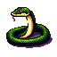 Green viper coiled and ready to strike, mouth open revealing a yellow fang and pink tongue against a black background.