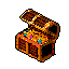 An open, dark wooden treasure chest filled with overflowing gold coins and colorful gems, rendered in isometric pixel art against a plain grey background.
