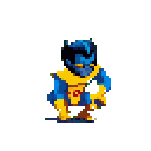 Blue and yellow humanoid character with a black cowl and red chest symbol, crouching against a bright green background.