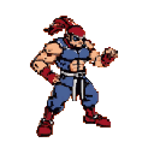 Muscular male fighter in blue and red outfit, ready for combat, with a topknot, against a solid orange background.