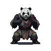 Panda warrior in a low fighting stance, fists clenched, wearing tattered martial arts attire.