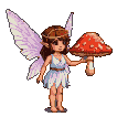 A pixie with feathery wings and a white tunic holds a large, spotted red mushroom.