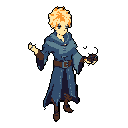 Pixel Art: Blonde haired male lightning mage playing with a baby spider.  The mage also has sparks coming out of his right hand (128x128) (generated with AI by Farrielle Necromancer).