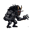 A hulking monster with dark, textured skin, glowing red eyes, sharp claws, and a fearsome maw charges forward.
