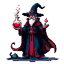 A wizard with a flowing white beard and mustache, wearing a dark blue pointed hat and robes lined with crimson. He holds a large glass flask filled with bubbling red liquid in his raised right hand, from which red-tinged smoke rises. His open left hand displays a glowing red, tear-drop shaped object. A small creature with glowing red eyes peeks from beneath his cloak.
