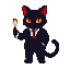 Anthropomorphic black cat in a dark suit and red tie, holding a lit match. The cat has glowing yellow eyes and bright red ear tips.