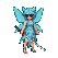 Ethereal pixie with large, translucent blue wings and a matching frilled dress, holding a katana sword at the ready, wearing dark sunglasses.