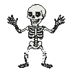 A black and white pixelated skeleton with a wide grin and hollow eyes, animated with a playful, jaunty gait.