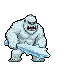 Snow-white yeti with a thick mane and glowing red eyes swinging a massive, ice-encrusted club downwards.