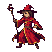 Crimson mage with pointed hat and flowing robes, holding staff aloft in a dynamic combat pose.