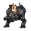 A cheerful Shiba Inu in a dark gray, futuristic military mech with heavy cannons and spiky armor, moving left.