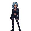 A character with vibrant blue hair, wearing a black leather jacket, cropped top, and ripped pants, stands in a watchful idle pose.