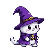 White kitten wearing a purple wizard hat and cloak, walking southeast with a playful gait.