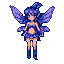 Full-body pixel art of a stylized fairy with purple hair, wings, and outfit, standing against a dark blue background.