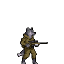 Anthropomorphic wolf character standing, holding a rifle, facing right with mouth open.