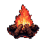 This pixel art image captures the raw energy of a bonfire, with vibrant flames erupting from dark, charred logs. The warm colors and dynamic pixel placement evoke a sense of both comfort and primal intensity.
