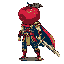 Stylized warrior with a red fruit for a head, standing in ¾ profile. The armor is dark blue, red, and yellowish-tan, with a flowing red cape. A sword with a yellowish-tan hilt and blade is at the hip. The character is against a plain brown background.