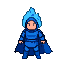 Warrior in blue armor with a flowing cape performing a combo attack, an icy blue crest above their head.