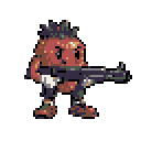 Anthropomorphic strawberry character with green leaves for hair, wearing shorts and shoes, holding a large automatic rifle.