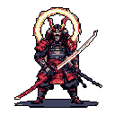 A powerful pixel art samurai, clad in detailed blue-grey and crimson armor, stands ready with katana in hand. A fiery, halo-like aura emanates from behind him, hinting at divine power and contrasting his menacing masked visage.