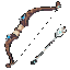 Elegant elven recurve bow with a silver arrow. The bow has pale leather grip with light blue gems and glowing limbs. The arrow is tipped with an emerald and has matching fletching. Magical sparkles and faint lightning arcs surround the weapon.