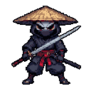Stylized ninja in dark hooded attire, a conical straw hat, and a mask with glowing red eyes stands in a ready stance, holding a katana horizontally. A smaller sheathed sword is at their belt.