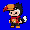 This pixel art sprite features a cheerful, chibi character in a toucan costume, complete with a bright red and orange beak and a matching scarf. The cute design and vibrant colors give off a friendly, approachable vibe.