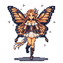 This pixel art features an elegant fairy with Monarch butterfly wings, poised in a graceful pose. Warm, earthy tones highlight her intricate outfit and ethereal presence against a stark black background. The image evokes a sense of magic and fantasy.