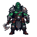 A hulking, heavily armored orc with glowing red eyes, gripping a double-bladed battle axe.