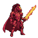 A powerful pixel art warrior with a horse's head stands ready for battle, a glowing sword held high. The imposing figure, clad in red armor, exudes strength and determination. The solid background highlights the intense, fantastical mood.