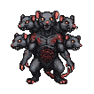 Grotesque, multi-headed rat-like creature with five heads, bared teeth, exposed bloody musculature, and sharp claws, in a menacing fighting stance.