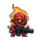 A small, fiery demon with glowing yellow eyes and a wide grin, holding a large, futuristic multi-barreled gun.