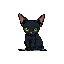 This pixel art showcases a stylized black cat with striking green eyes, seated alertly against a neutral backdrop. The image blends retro charm with a touch of enigmatic allure through its expressive features and minimalist color palette.