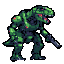 A menacing, armored robotic T-Rex, rendered in gritty pixel art, snarls and wields a rifle. The militaristic color scheme and powerful posture convey a sense of robotic aggression.