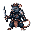 A pixel art warrior rat-king stands ready for battle, wielding a blade and bearing a determined expression. Adorned with regal armor and a golden crown, the anthropomorphic figure exudes both dignity and a readiness for conflict.