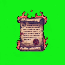 This pixel art depicts an aged, tattered scroll consumed by reddish-orange flames or a corrosive substance. The burning scroll, with its illegible text and broken wax seal, evokes a sense of urgent mystery.