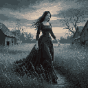 A lone woman in a dark, floor-length gown walks down a grey path through a desolate, overgrown landscape. She clutches something to her dress with her left hand. Dilapidated buildings and a gnarled tree are visible in the muted, grey background under an overcast sky.