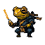 Anthropomorphic frog warrior in a crouched stance, holding a glowing orange-yellow weapon.