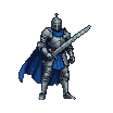 Stoic knight in silver plate armor and blue cape holding a broadsword for battle.