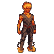 Fiery warrior with crackling flame mane and glowing skin, clad in dark armor, tensing for a powerful jump kick.