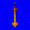 A vertical, ornate fantasy sword with a glowing orange and red blade, detailed hilt, and star ornamentation, set against a solid deep blue background.